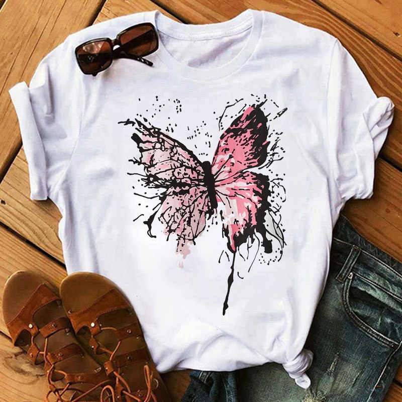 Moda mujer polera Rosa mariposa impresa Tops senora Harajuku lindas poleras nueva primavera verano mujer ropa